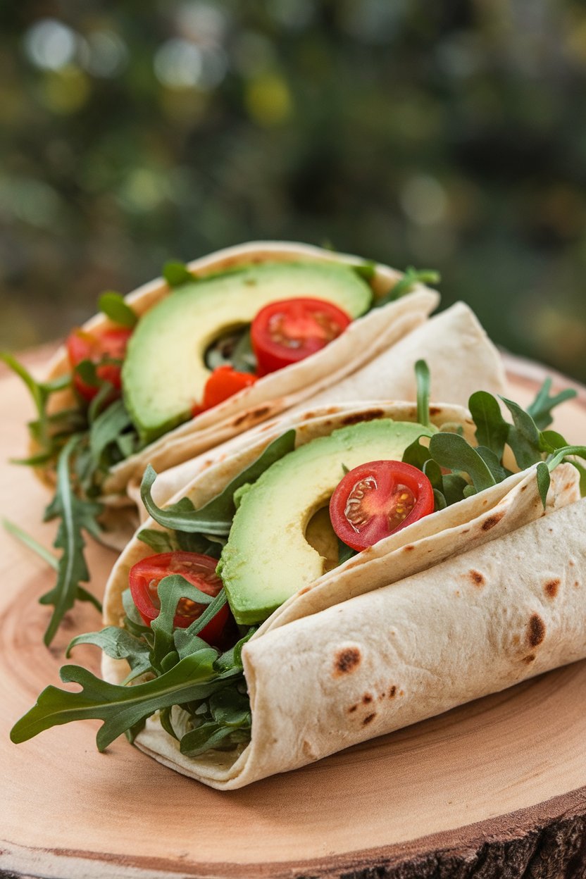 Photo of indoor plate with raw avocado slices, cherry tomatoes, and arugula inside soft tortillas. No text or logos.