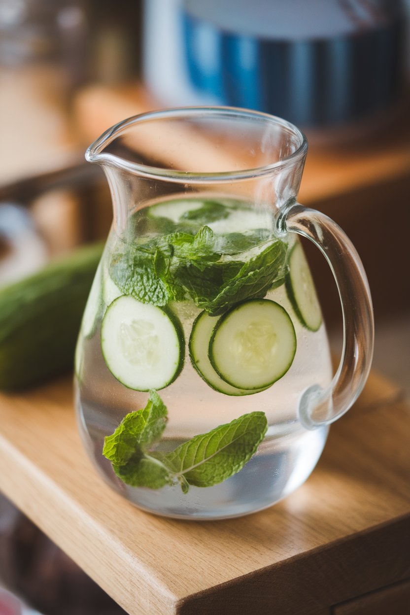 Kitchen countertop photo of a glass pitcher of water filled with cucumber slices and mint leaves, no logos.