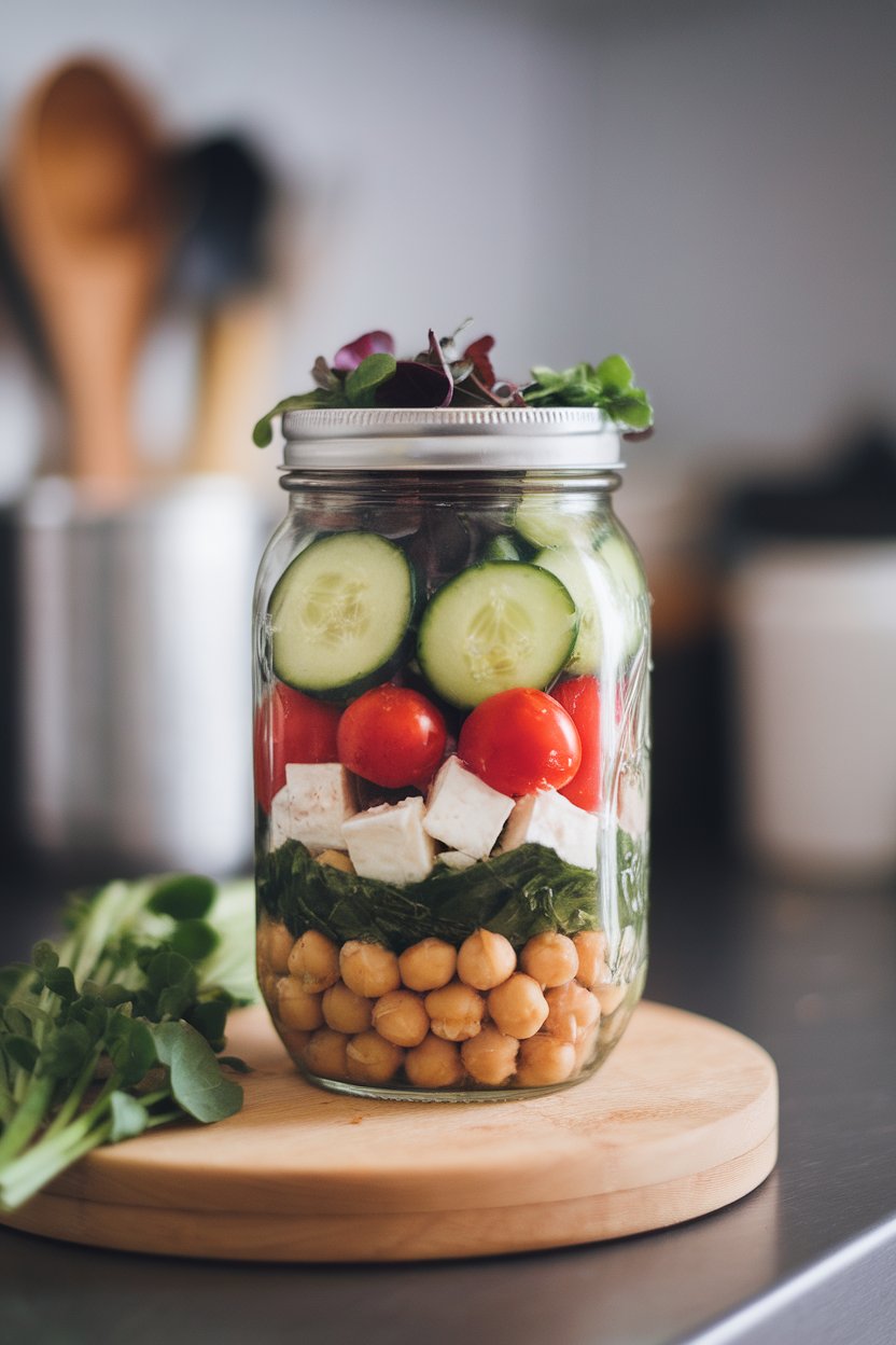 Indoor countertop featuring a tall mason jar layered with cucumbers, cherry tomatoes, chickpeas, feta, and leafy greens. No text or logos; photo.