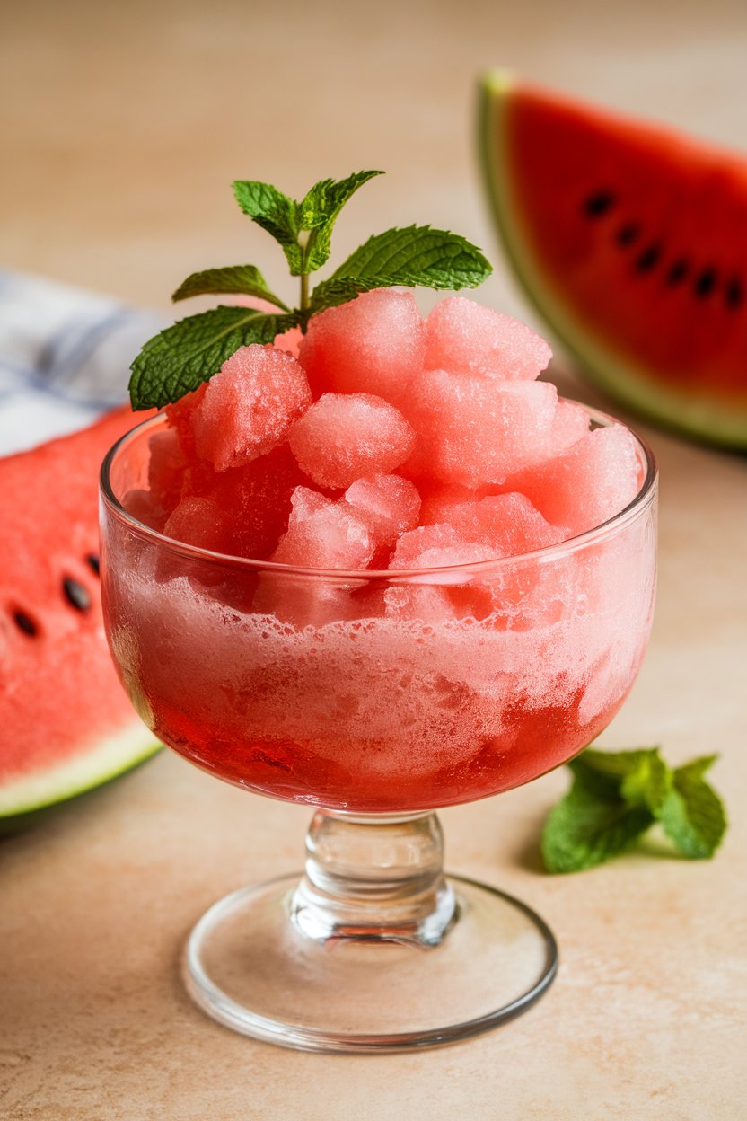An indoor glass bowl of flaky watermelon granita crystals with a sprig of mint on top. Photo only; no text or logos.