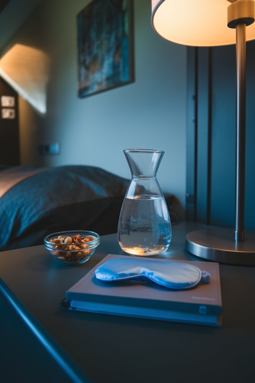 Photo of an indoor bedside table featuring a glass carafe of water, a small bowl of mixed nuts, and a sleep mask neatly folded; dim ambient lighting; no text or logos.