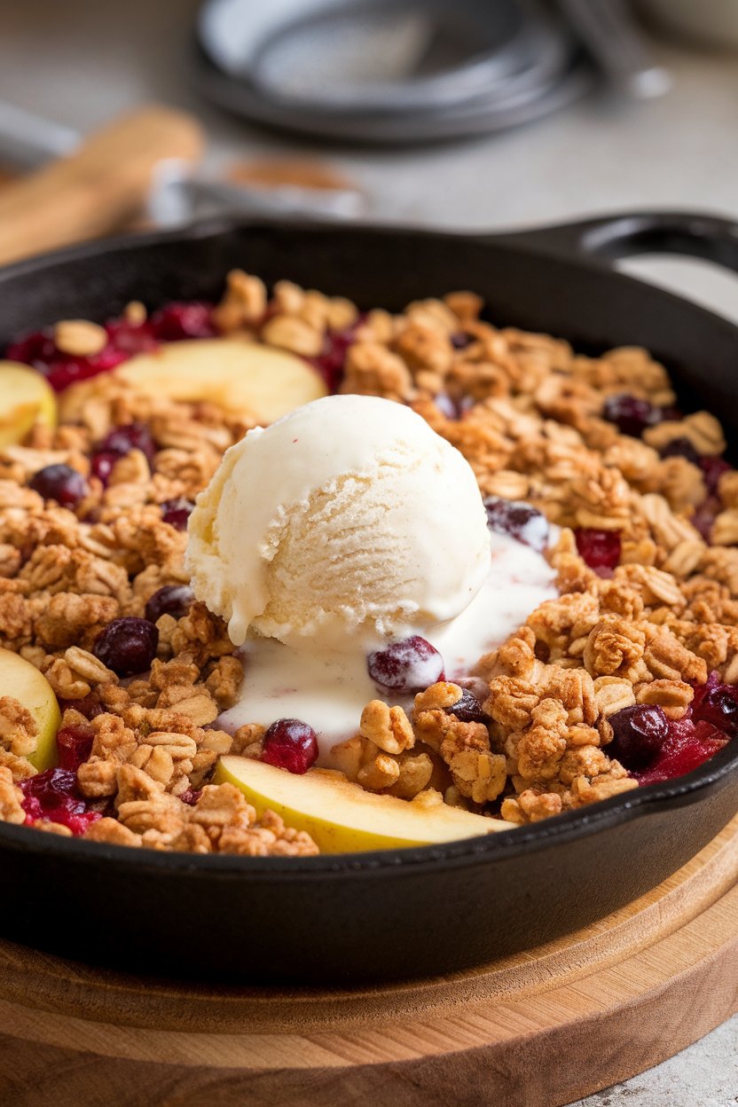 Indoor skillet style baking dish of apple cranberry crisp topped with oat crumble and melting vanilla ice cream scoop. No text or logos. Photo only.