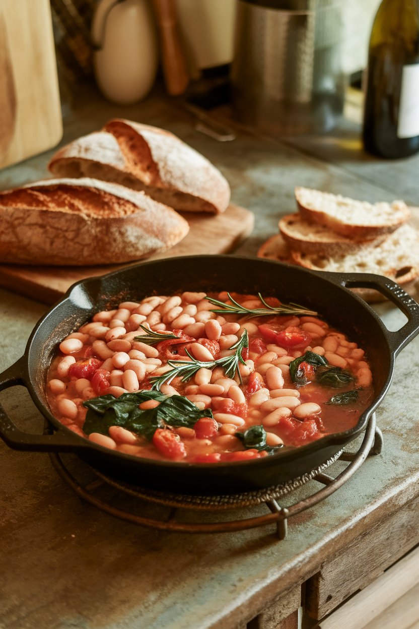A rustic indoor kitchen table with a cast-iron skillet of cannellini beans stewed with tomatoes, rosemary sprigs, and spinach, served alongside crusty bread. Photo only, no text or logos.