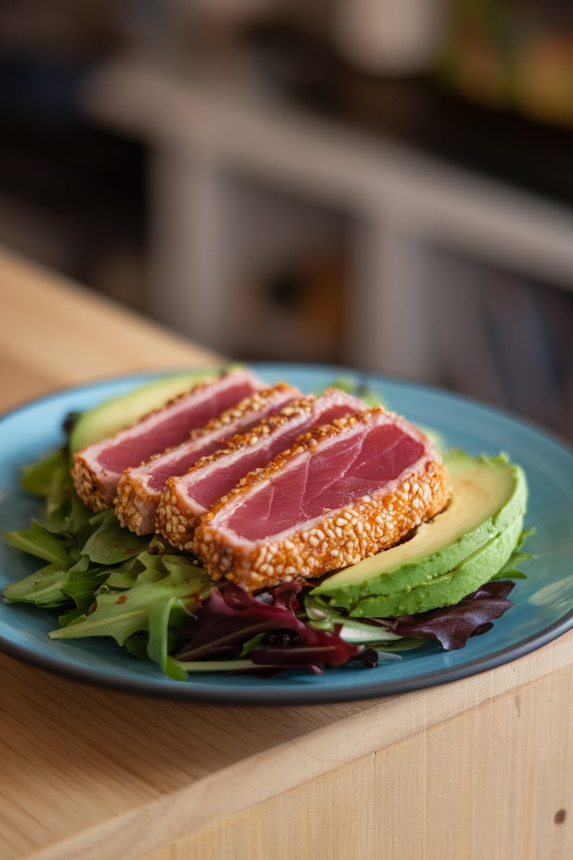 Indoor plate with seared sesame-crusted tuna slices atop mixed greens and avocado—no raw fish visible, no text or logos.