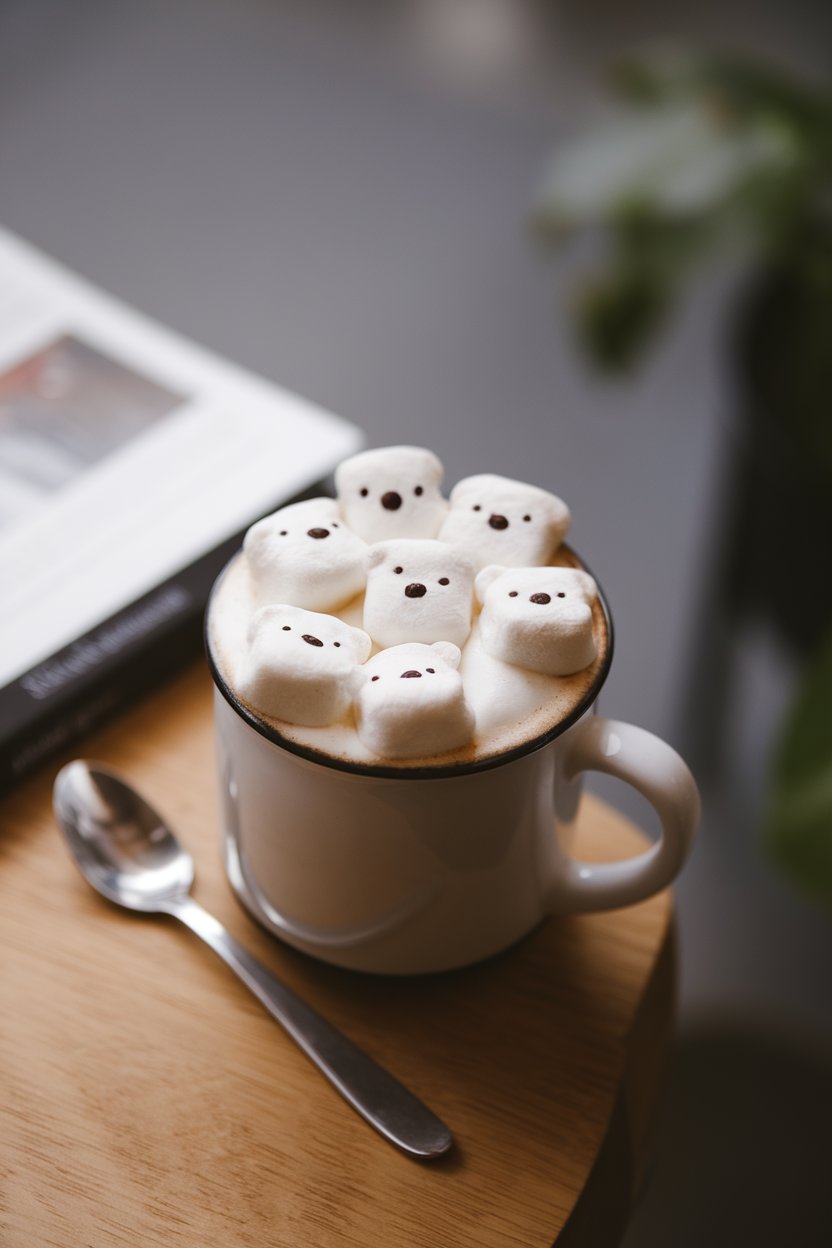 Indoor coffeehouse table featuring an oversized white mug of creamy white mocha topped with fluffy marshmallows that resemble polar bear faces, gentle overhead lighting. No text or logos. Photo only.