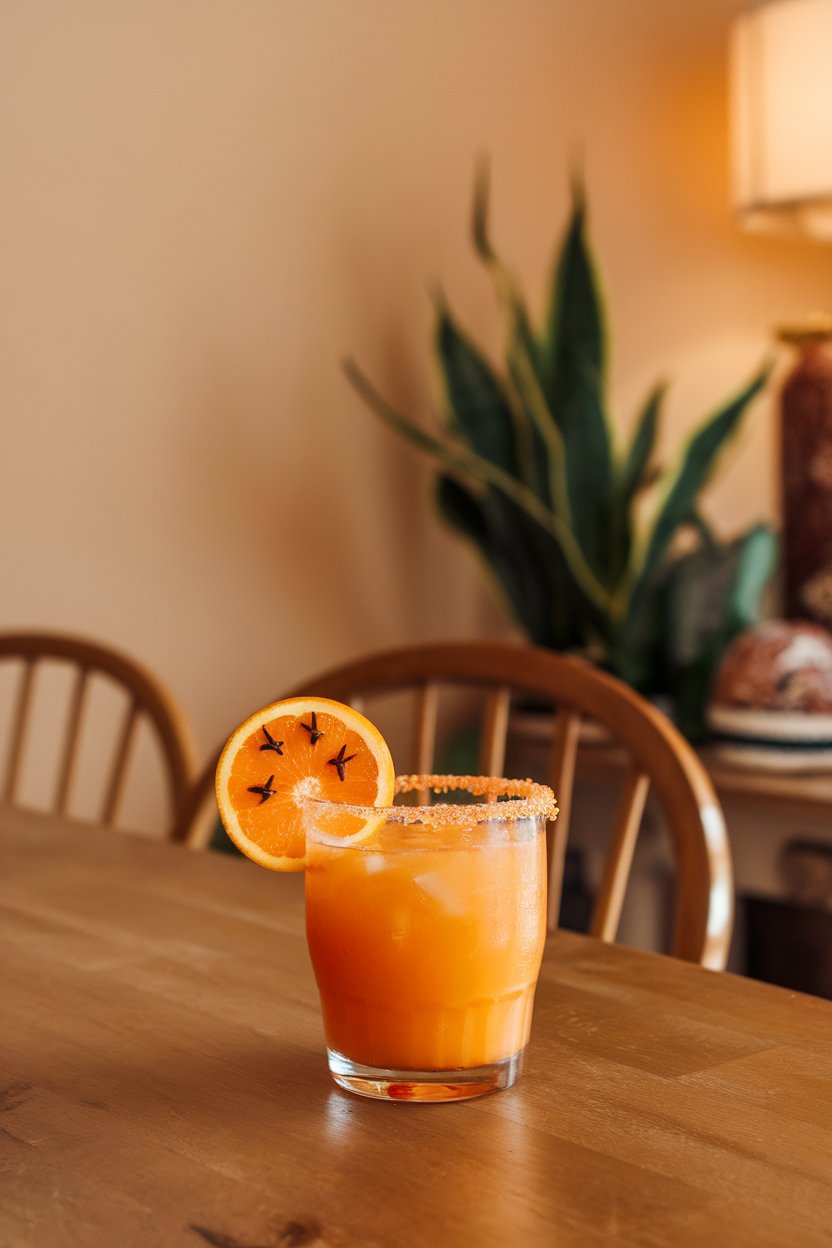 Warm indoor photo, tumbler of bright orange margarita with whole clove-studded clementine wheel garnish; no logos.