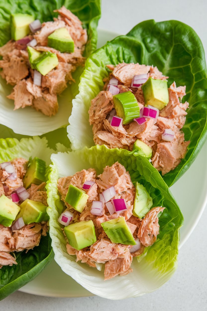 Photo of crisp lettuce leaves filled with avocado-based tuna salad on an indoor plate. No logos or text present.