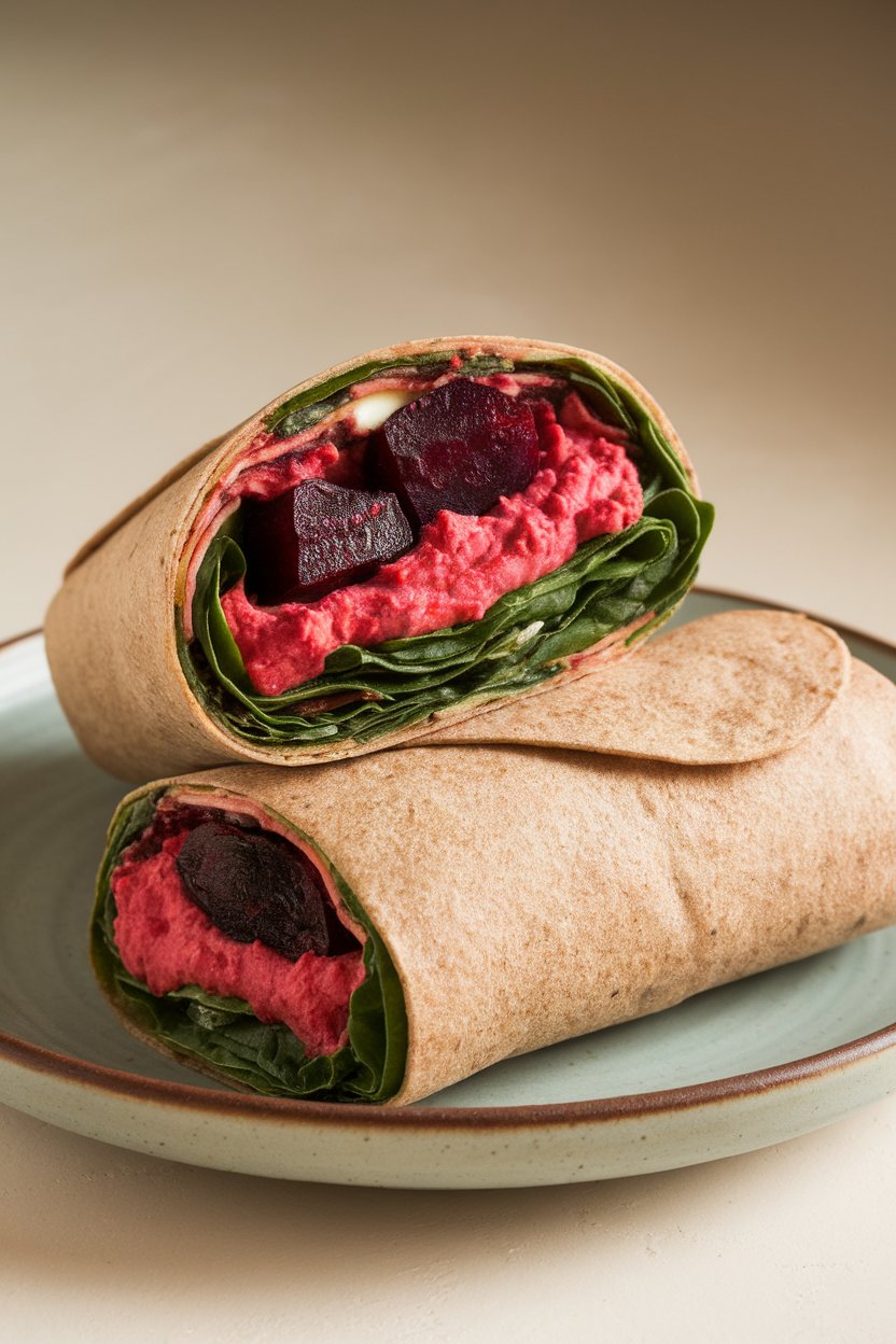 Indoor photo of a whole-grain wrap cut in half, showing layers of roasted beets, spinach, and hummus, set on a plate. No text or logos.