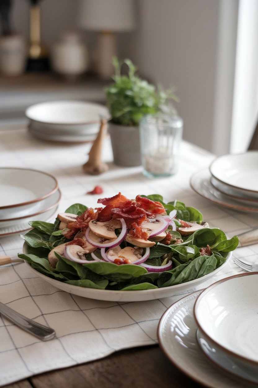 Indoor farmhouse table with baby spinach wilted slightly under warm bacon dressing, topped with sliced mushrooms and red onion. Photo only, no text or logos.
