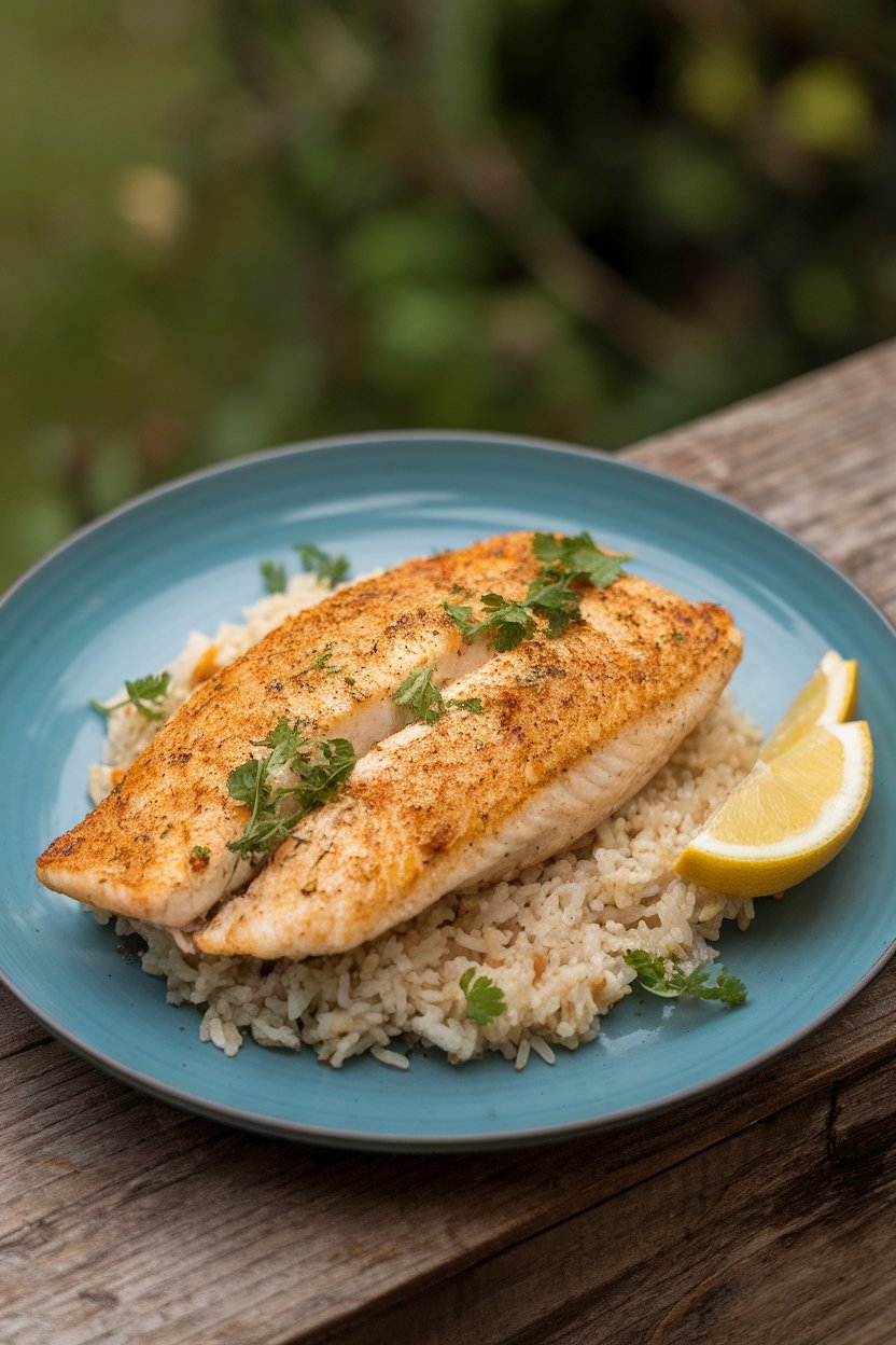 Indoor plate with spiced cooked tilapia fillet, lemon wedge on the side—no raw fish, no text or logos.