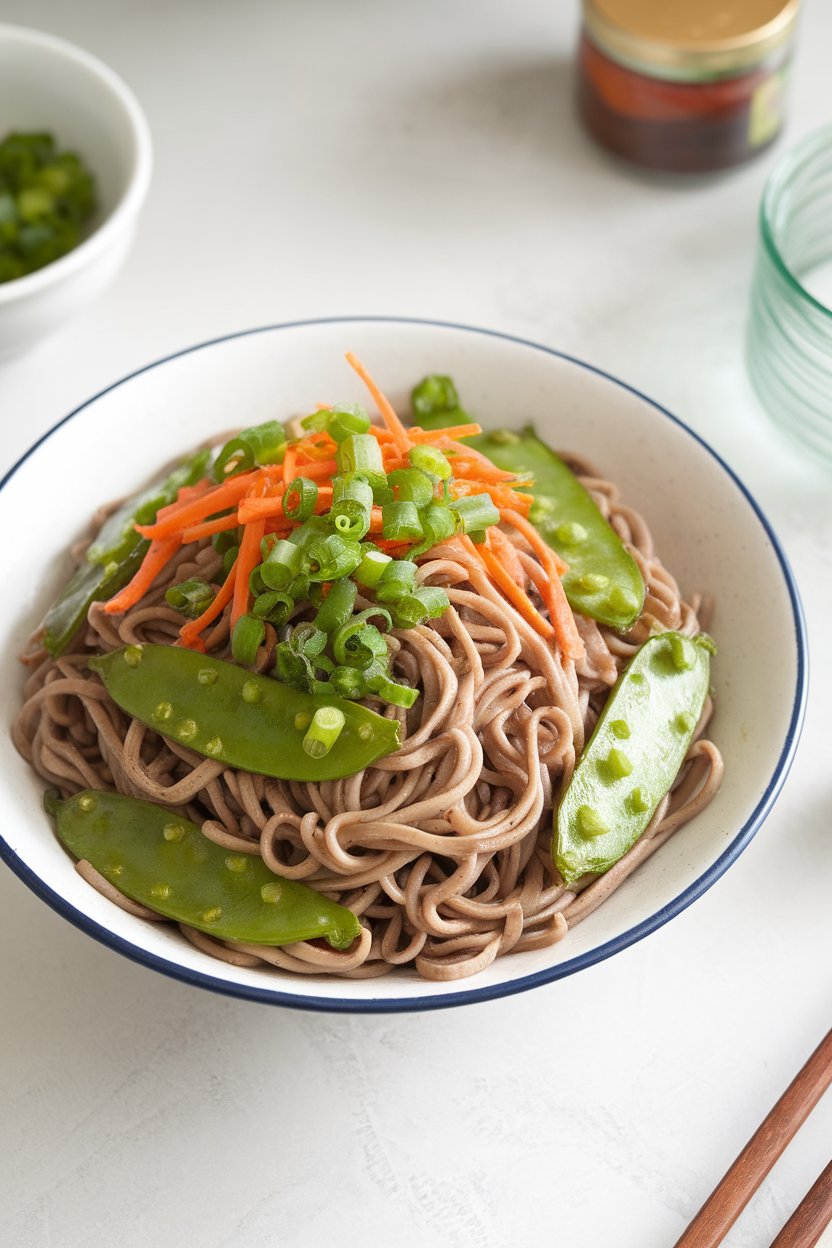 Photo of an indoor noodle bowl showing soba noodles tossed with sautéed snap peas, carrots, and a ginger-garlic sauce; no text or logos