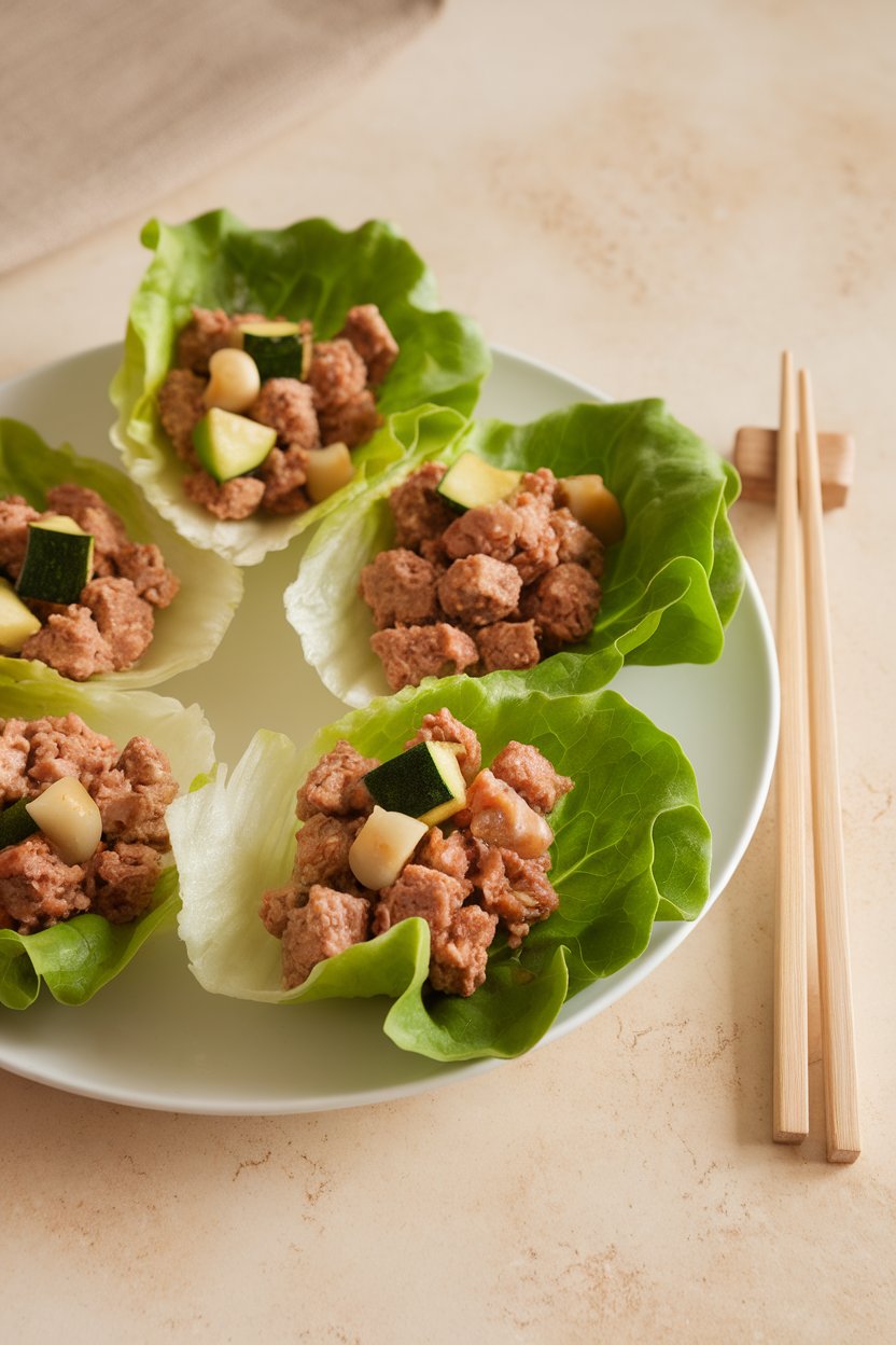 A white indoor plate featuring butter lettuce cups filled with ground turkey, diced zucchini, and water chestnuts, lightly sauced. No text or logos. Photo, not illustration.