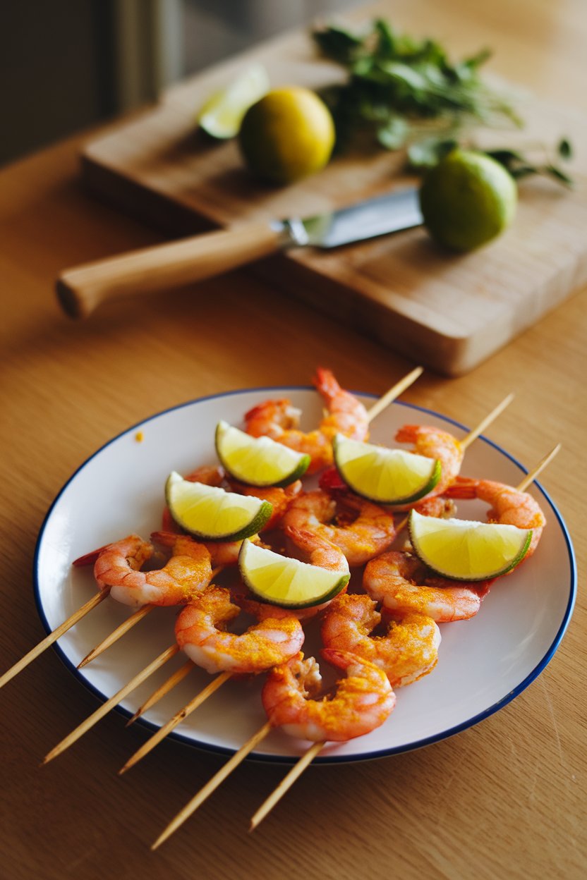 An indoor dining table with a plate of cooked shrimp skewers dusted in golden turmeric and garnished with lime wedges. Warm lighting, no text or logos.