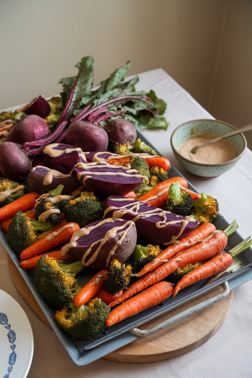 Photo of an indoor dining table topped with a large platter of roasted mixed vegetables—beets, carrots, broccoli, and purple sweet potatoes—drizzled with tahini sauce. No text or logos visible.
