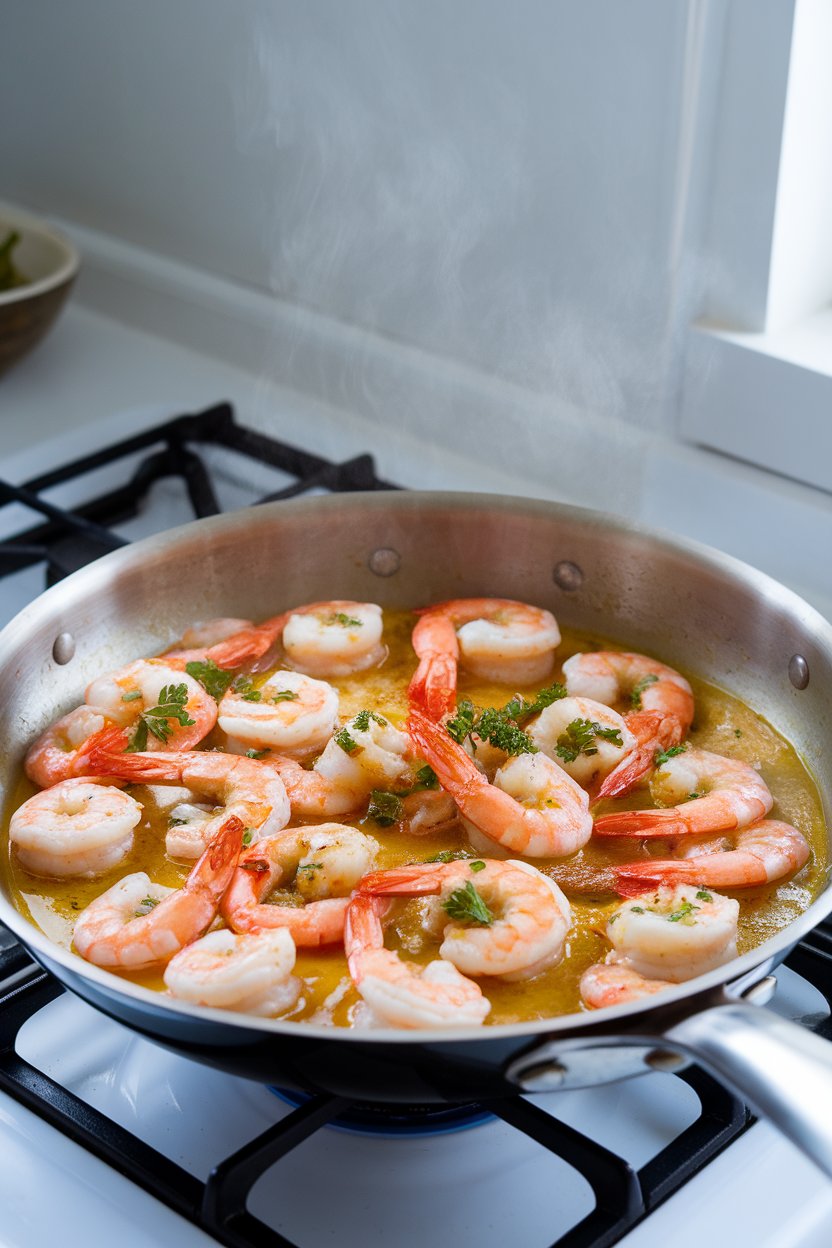 An indoor stovetop scene with a sauté pan of cooked shrimp glistening in lemon-garlic sauce, garnished with parsley; steam visible, photo, no text or logos.