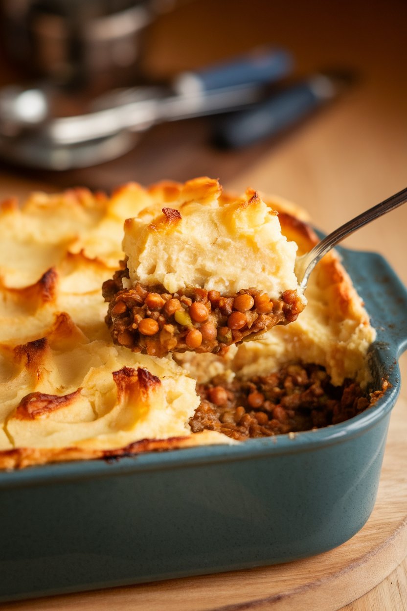 An indoor baking dish of shepherd’s pie with mashed potato topping browned and spoonful revealing lentil-vegetable filling. No text or logos; photo, not illustration.