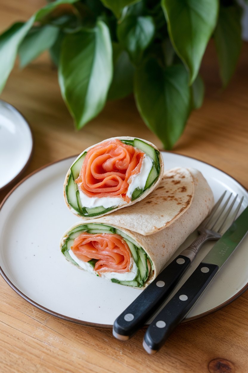 Indoor brunch setting featuring a wrap filled with smoked salmon slices, cucumber ribbons, and dill Greek yogurt, neatly cut in half. No text or logos visible.