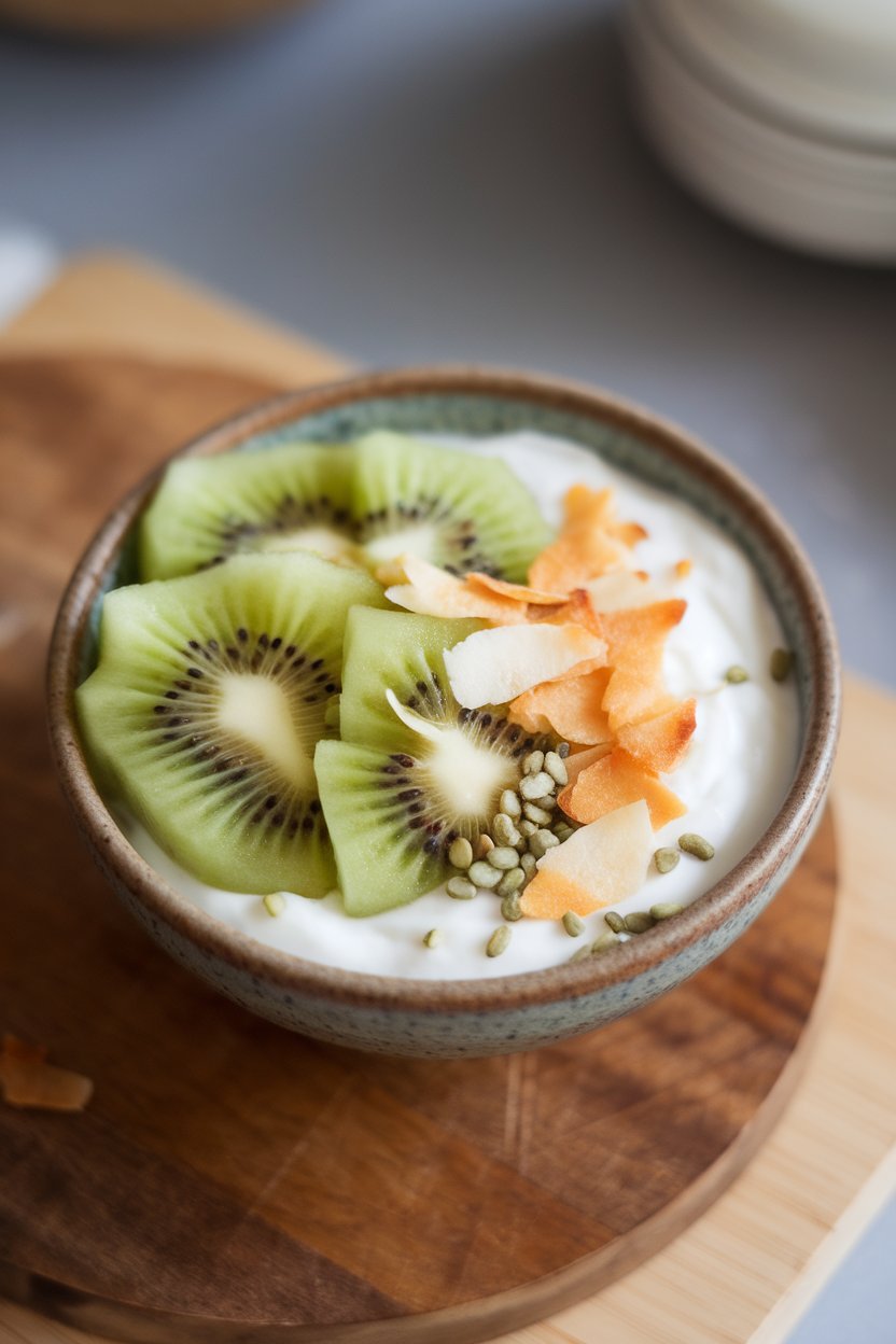Indoor photo of a small bowl of unsweetened coconut yogurt topped with sliced kiwi, toasted coconut flakes, and hemp seeds; no text or logos.