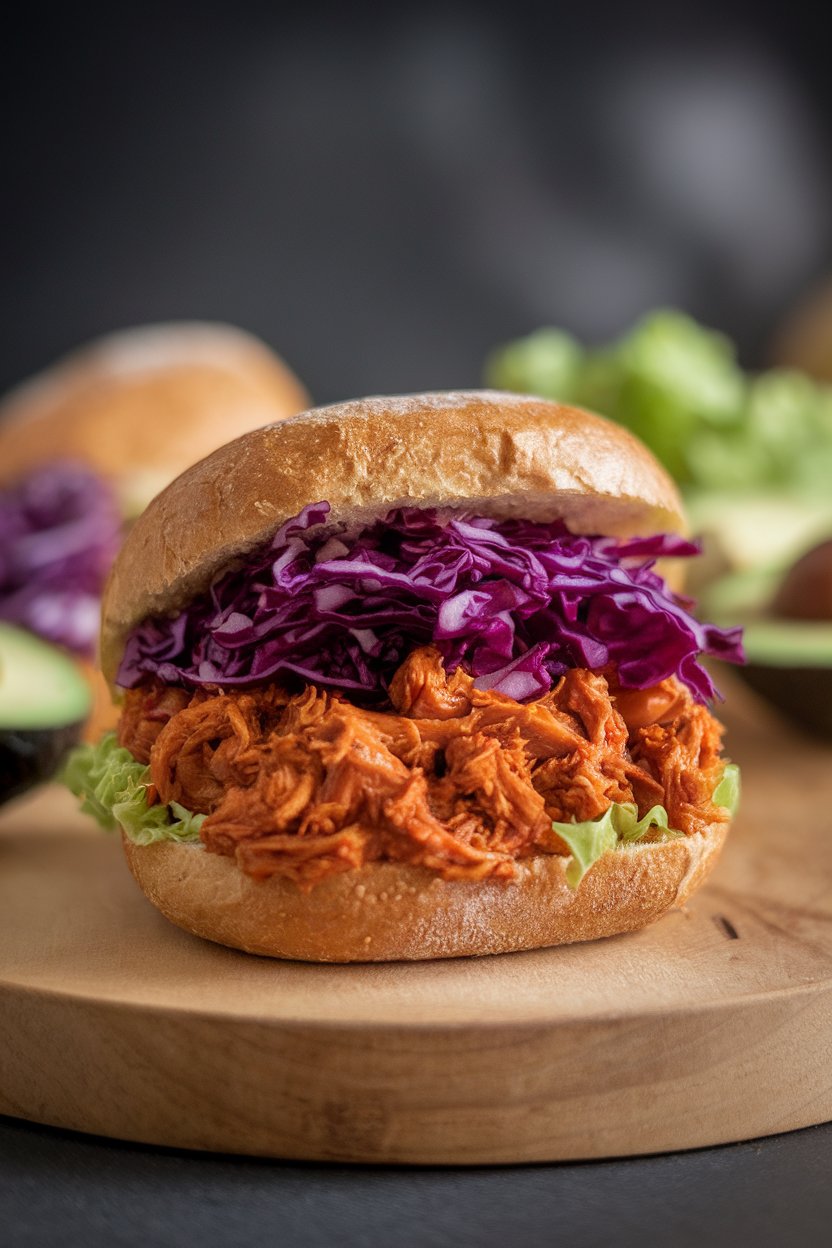 An indoor countertop showing a whole-grain bun filled with saucy pulled jackfruit and red cabbage slaw; no text or logos; photo.
