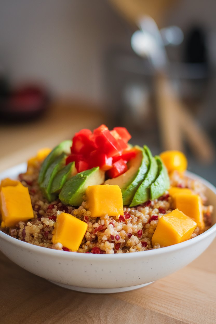 Indoor bowl of colorful quinoa studded with mango cubes, avocado, and diced red bell pepper. No logos, photo only.