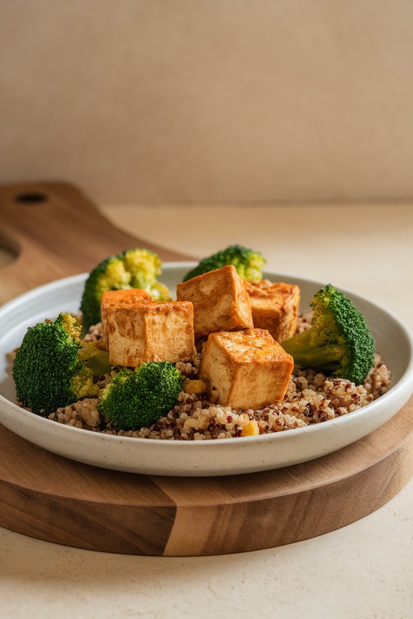 Photo of baked tofu cubes and steamed broccoli florets on quinoa, indoors under soft light, no text or logos.