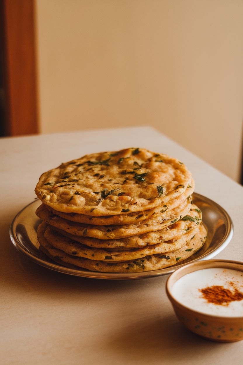A plate of stacked methi theplas on an indoor dining table, flecks of fenugreek leaves visible, with a small bowl of spiced yogurt beside them. No text or logos. Photo, not illustration.