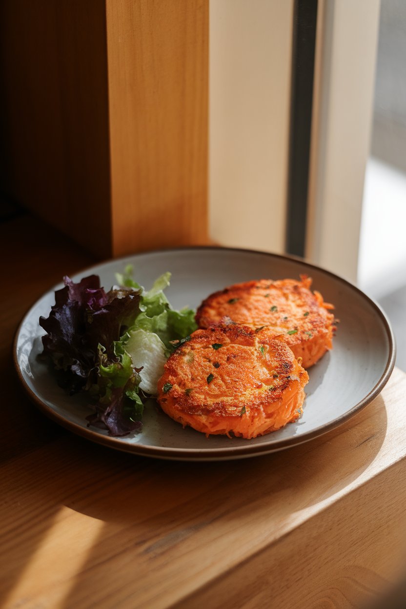 A warmly lit indoor plate holding two golden salmon-sweet potato cakes with a small side salad; no logos in sight.