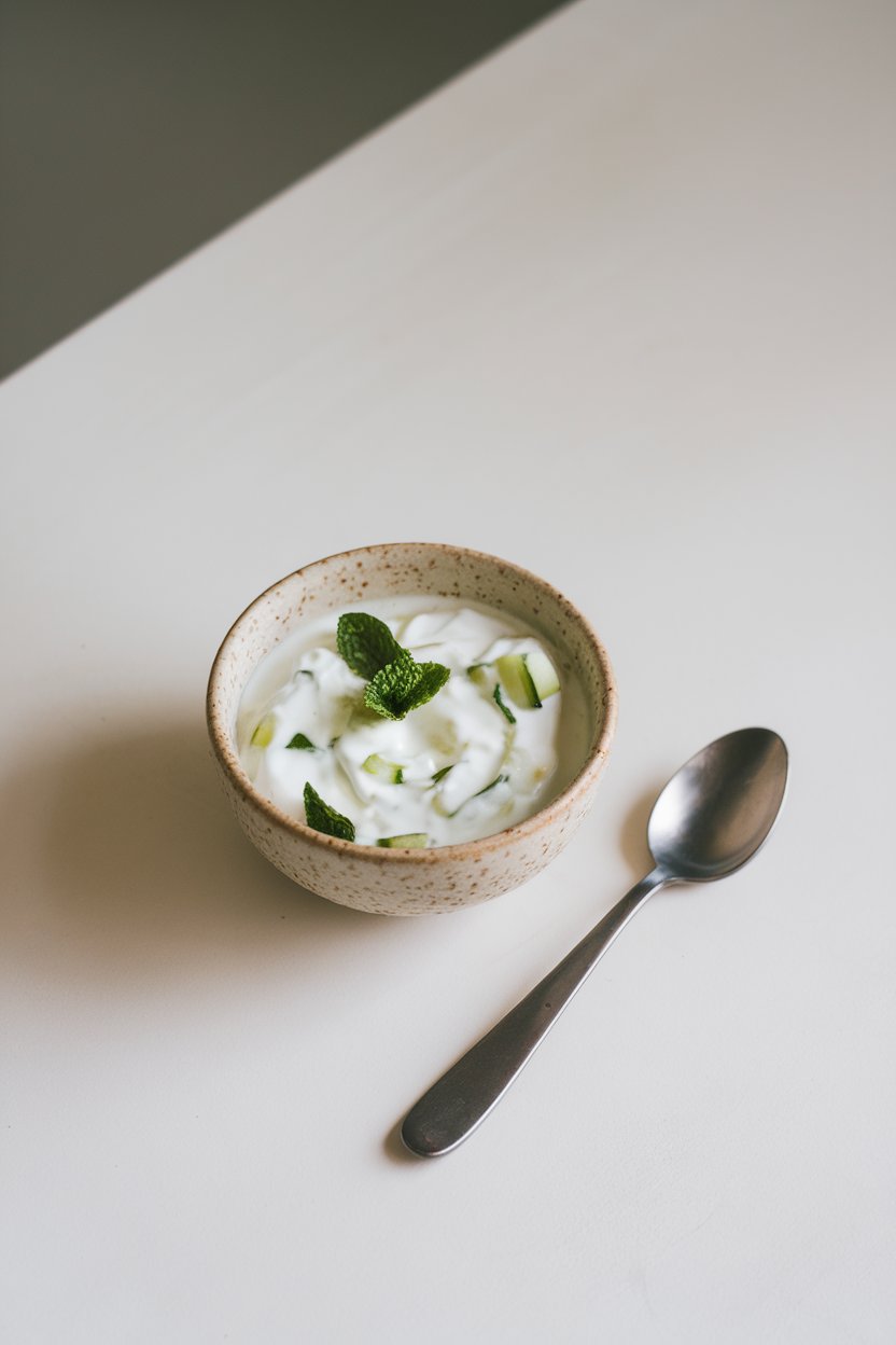 Indoor photo of a small bowl of creamy yogurt raita dotted with cucumber and mint, spoon resting on the side. No text or logos; photo.