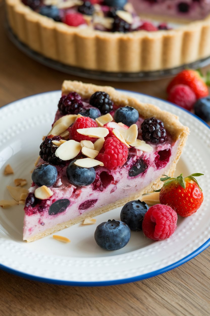 Indoor photo of a slice of berry breakfast quiche with mixed berries and slivered almonds on top, no text or logos.