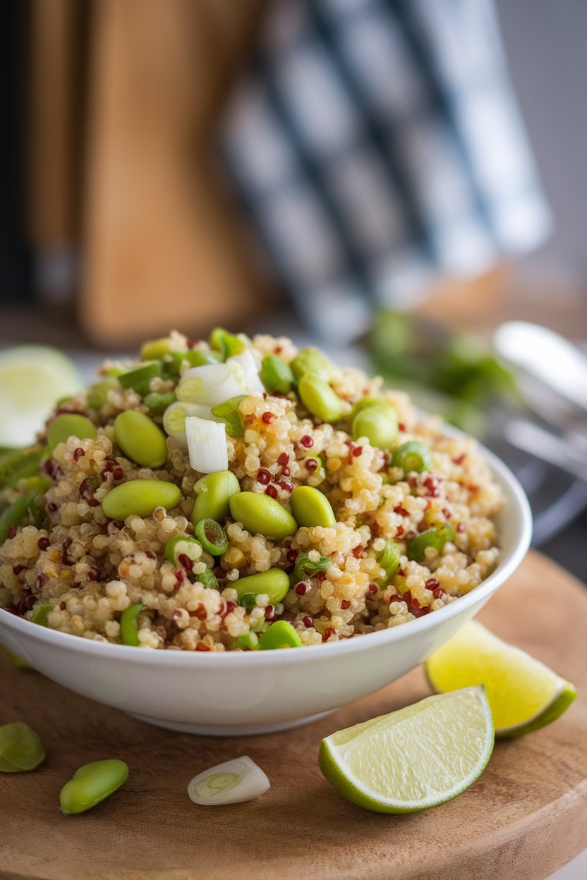 An indoor plate of tri-color quinoa mixed with shelled edamame, scallions, and lime wedges. No text or logos anywhere. Photo only.