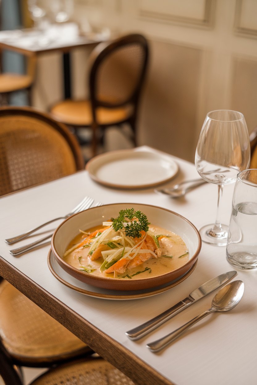 Indoor European bistro table with bowl of creamy chicken waterzooi, julienned vegetables and parsley garnish. No text or logos. Photo.