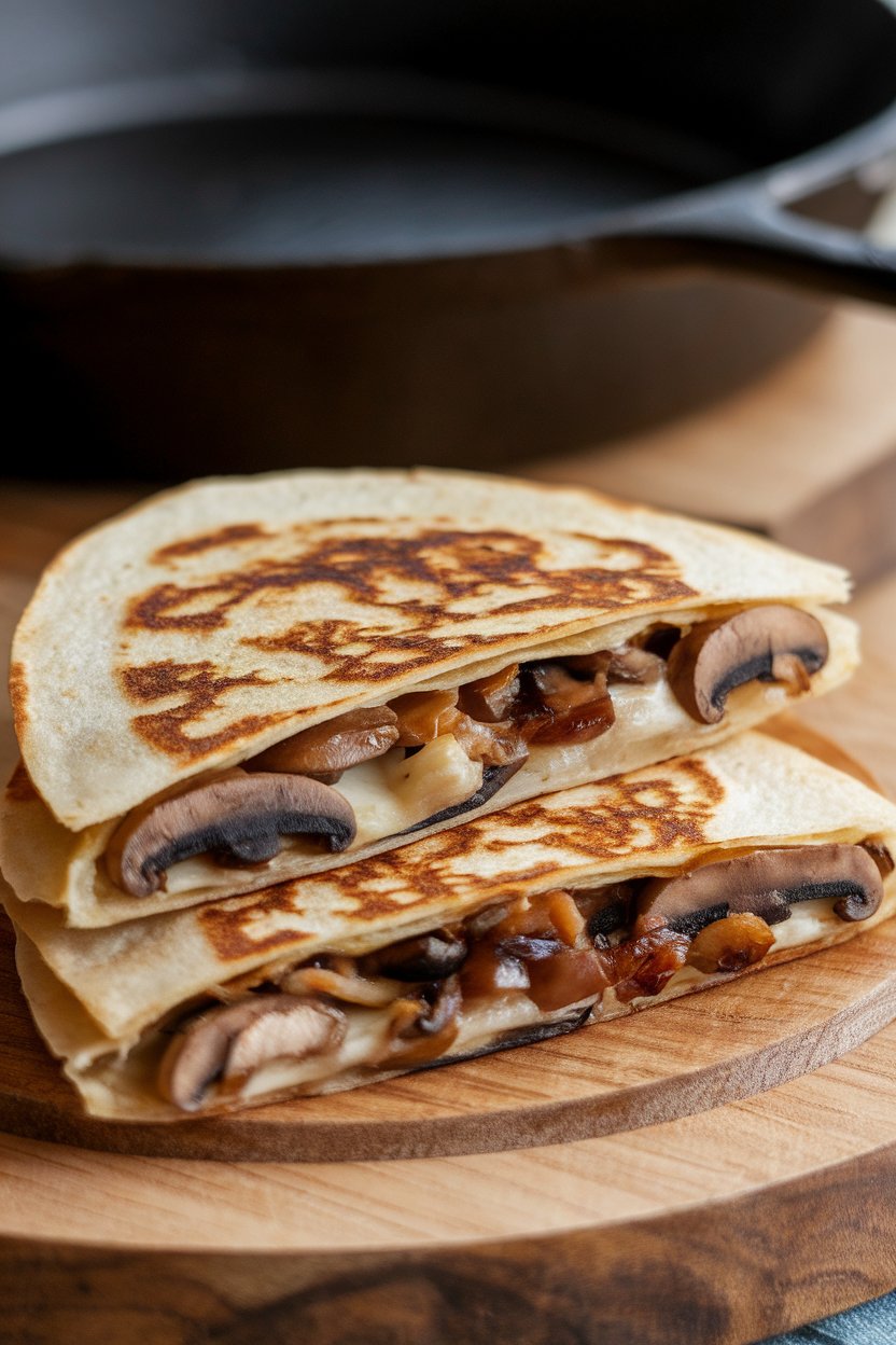 Indoor cast-iron skillet, mushroom and caramelized onion quesadilla, Swiss melting, photo, no text or logos.