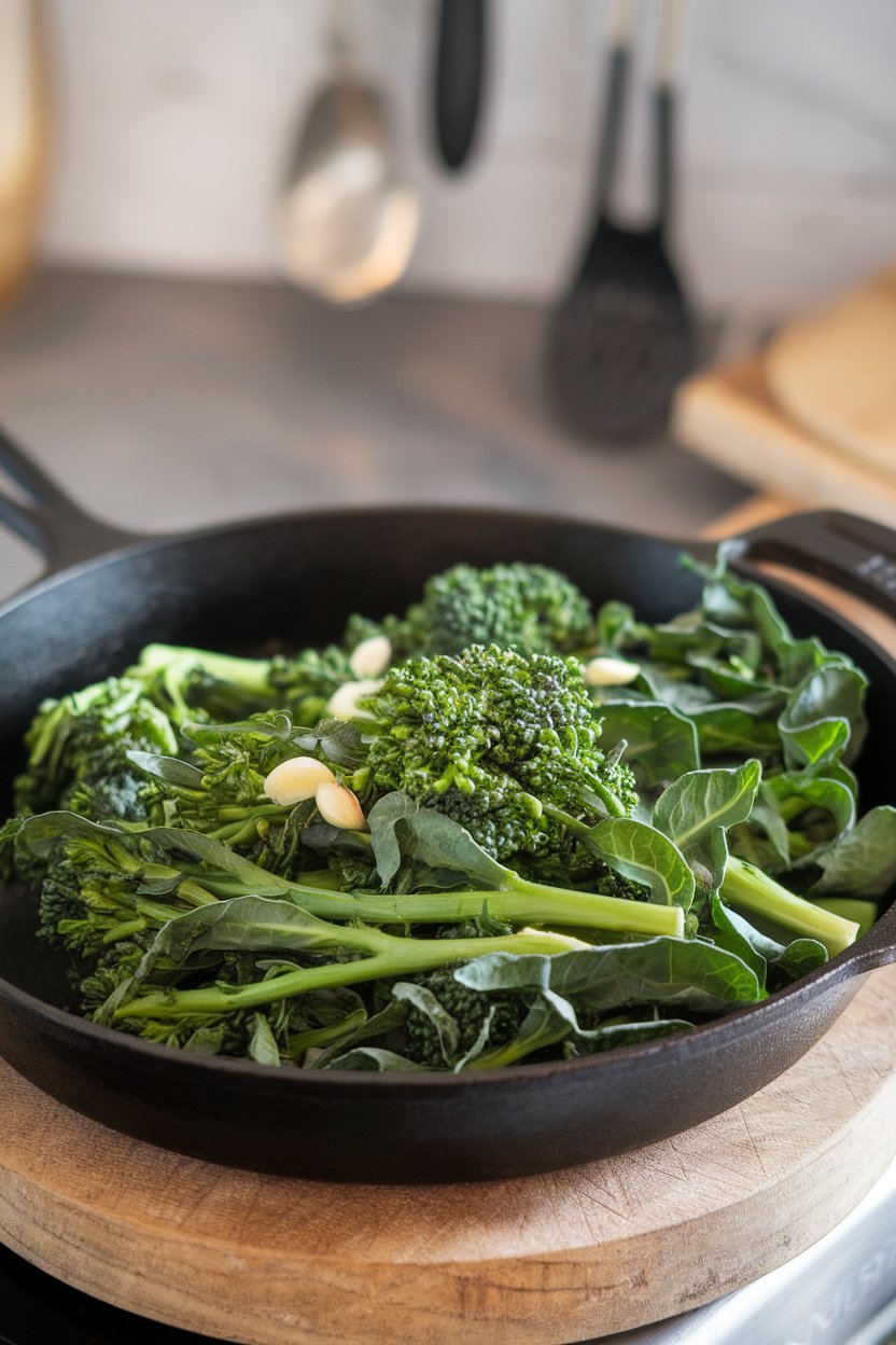 Cast-iron skillet indoors holding bright green broccoli rabe, garlic slivers visible. No text or logos.
