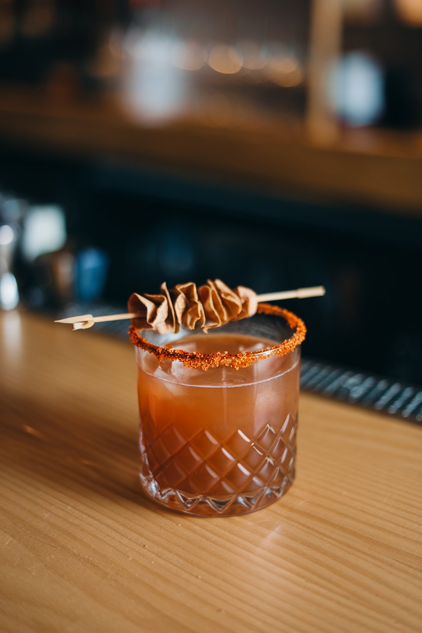 Indoor bar, short glass of dark amber margarita, chile-salt rim, dried tamarind candy skewer; no logos.