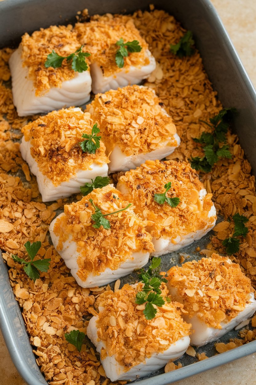 An indoor baking dish with cooked cod fillets coated in golden almond crumbs and garnished with parsley. No text or logos.