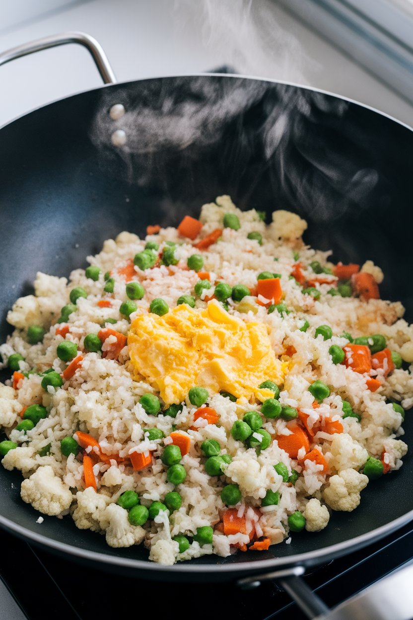 An indoor wok scene featuring cooked cauliflower rice mixed with peas, carrots, and scrambled egg, steam visible. No logos or text.