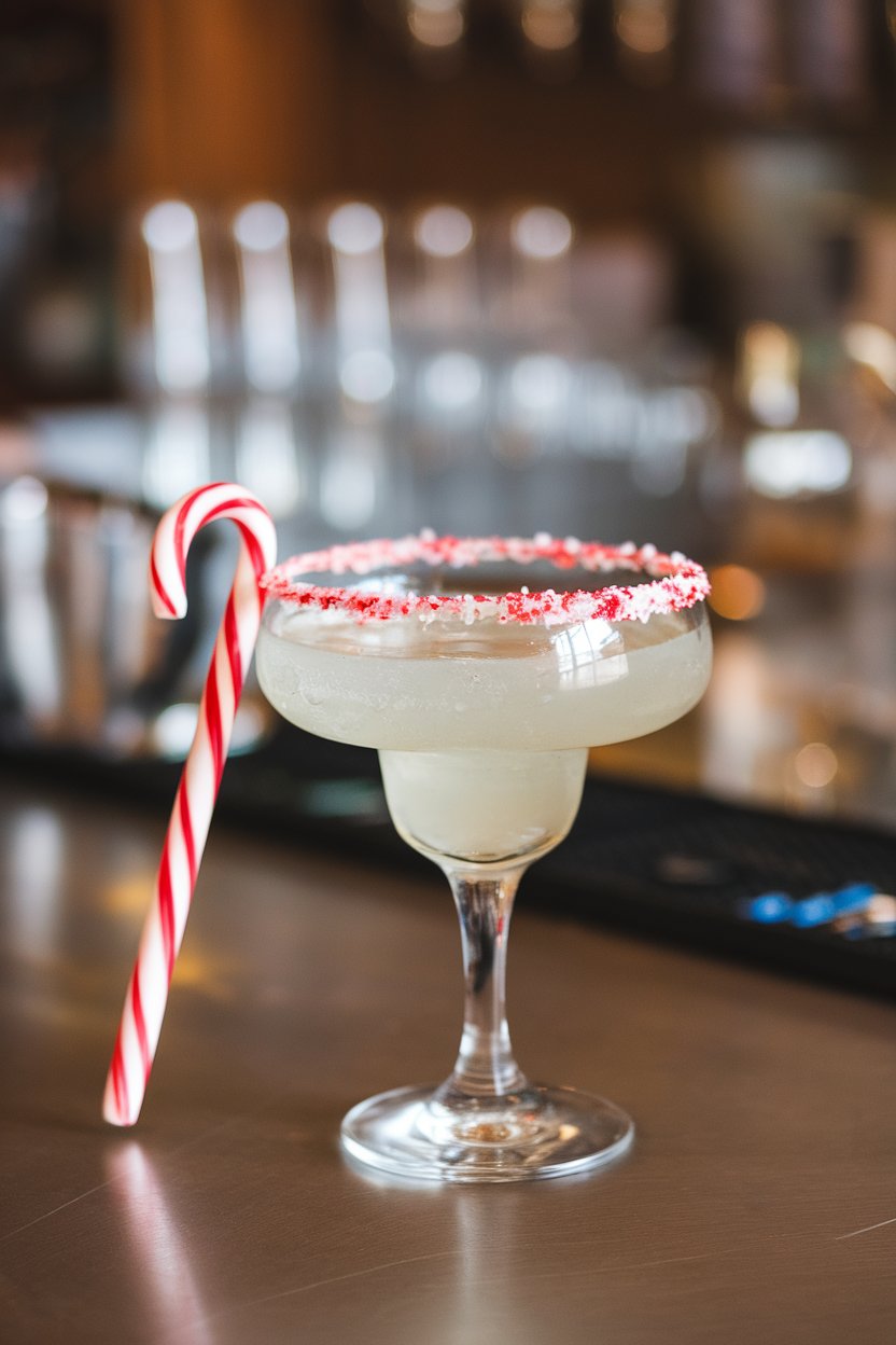 Indoor bar surface, classic margarita glass with red-and-white crushed candy-cane rim, clear margarita inside, peppermint stick leaning on rim; no logos.