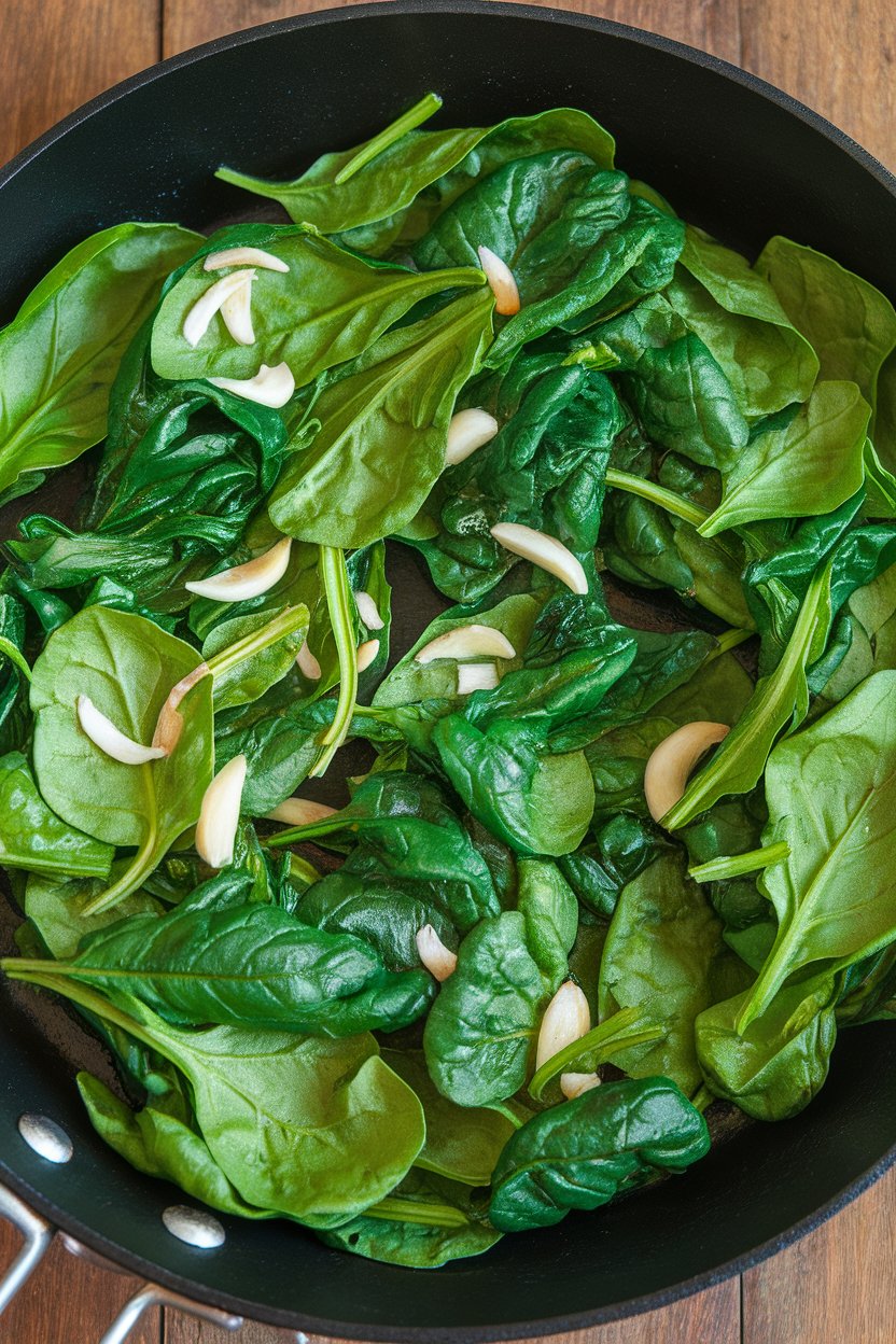 Indoor photo of vibrant spinach leaves wilting in a skillet with visible garlic slivers. No text or logos; photo.