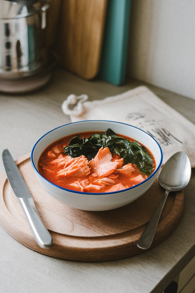 An indoor kitchen counter holding a soup bowl of chunky tomato-basil broth with flaked salmon and wilted spinach, steam faintly rising. No text or logos present.