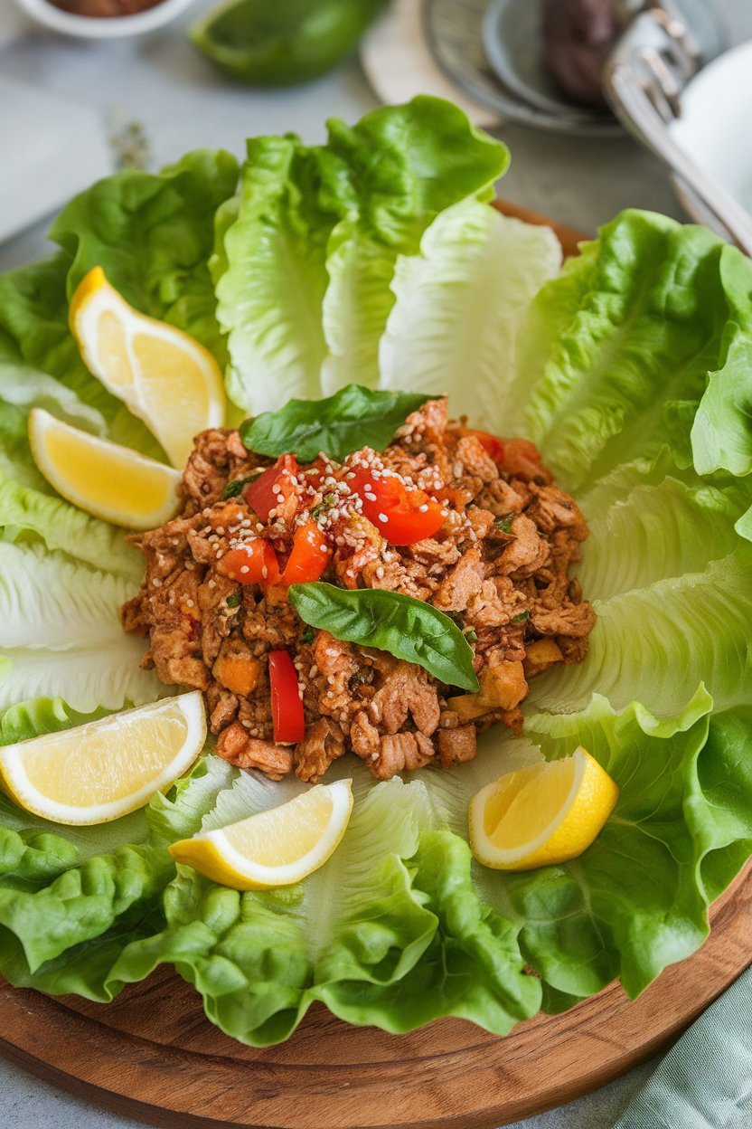 An indoor platter of butter lettuce leaves filled with sautéed ground chicken, basil, and diced bell pepper. No text or logos present. Photo only.