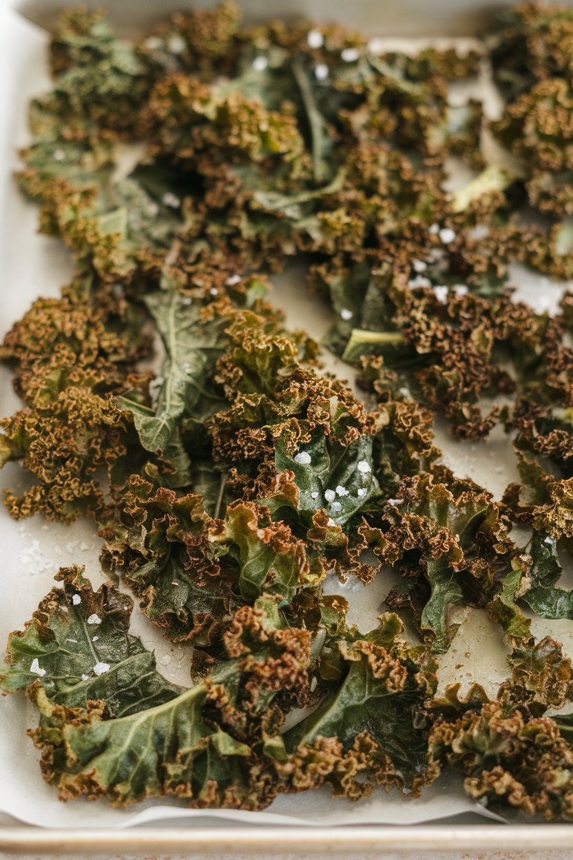 An indoor baking tray lined with curly kale leaves baked to a crisp, lightly dusted with sea salt; no text or logos; photo