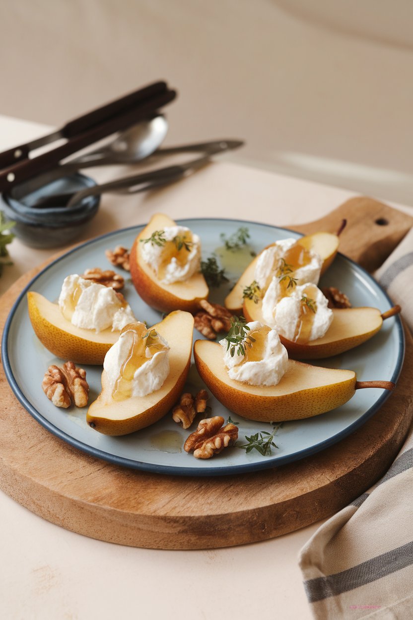 Indoor snack plate showing pear wedges topped with dollops of creamy ricotta, drizzle of honey visible. No text or logos, photo not illustration.