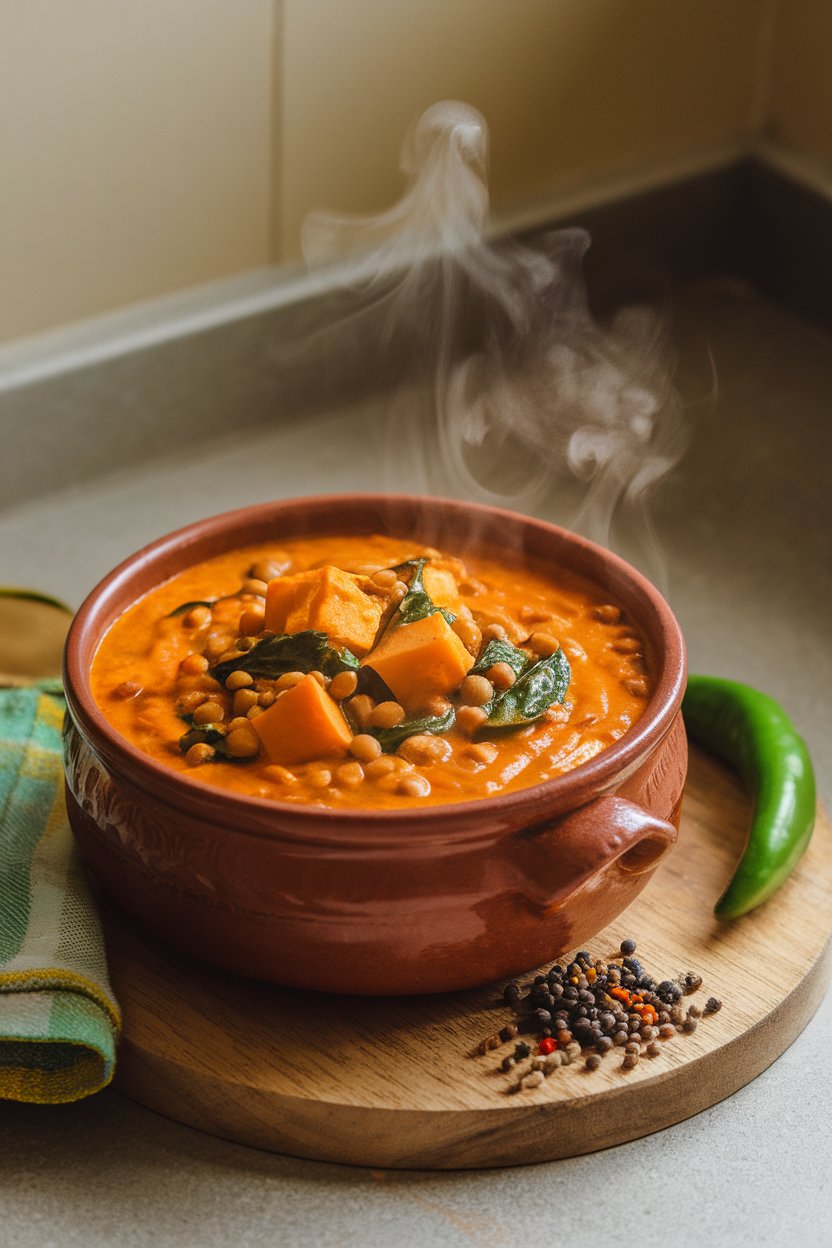 An indoor countertop with a ceramic bowl of thick orange curry containing lentils, sweet potato cubes, and spinach, steam gently rising. No text or logos present.