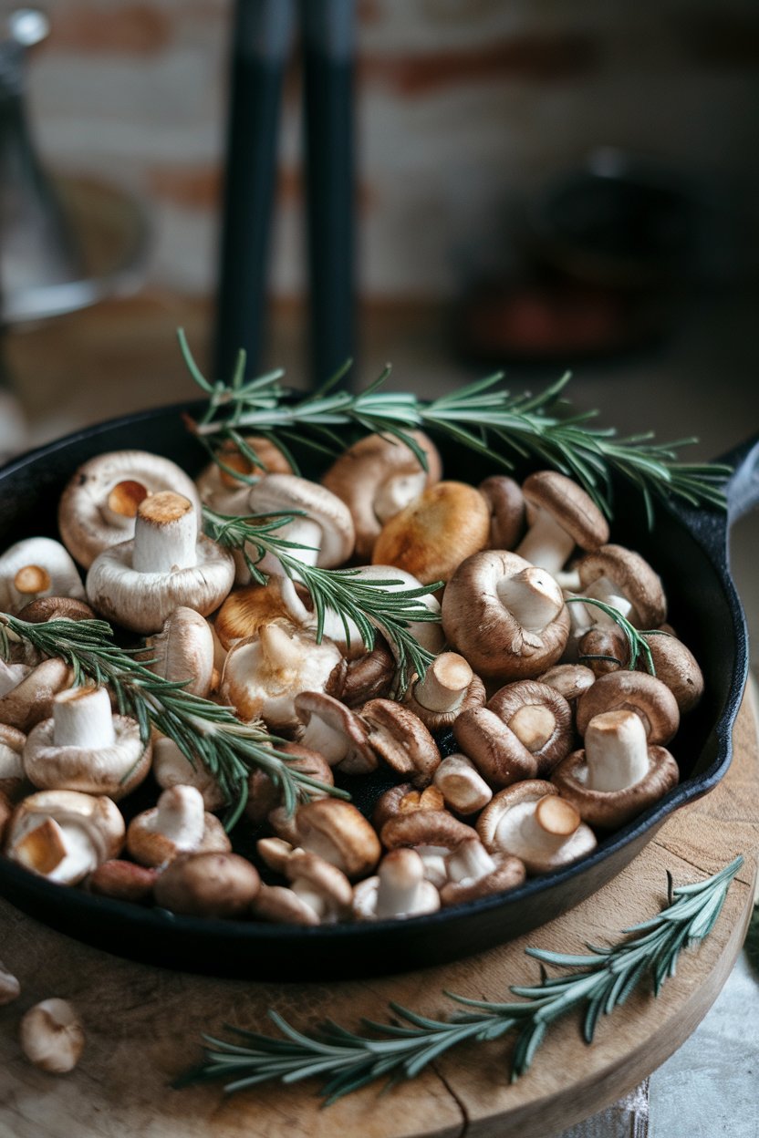 Indoor photo of assorted mushrooms roasted with rosemary sprigs in a cast-iron skillet. No text or logos; photograph.