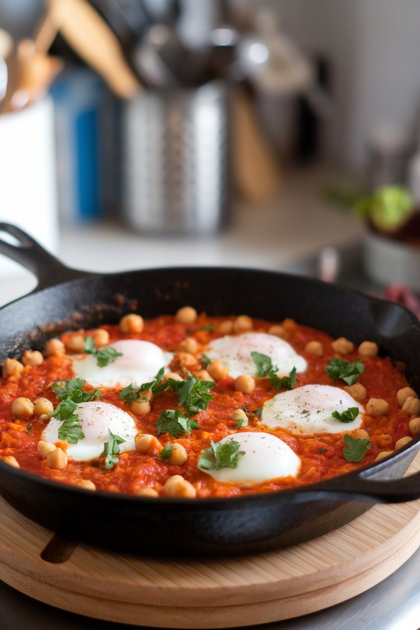 Indoor cast-iron skillet with tomato-pepper sauce dotted with poached eggs and chickpeas, sprinkled with parsley. No text or logos present.
