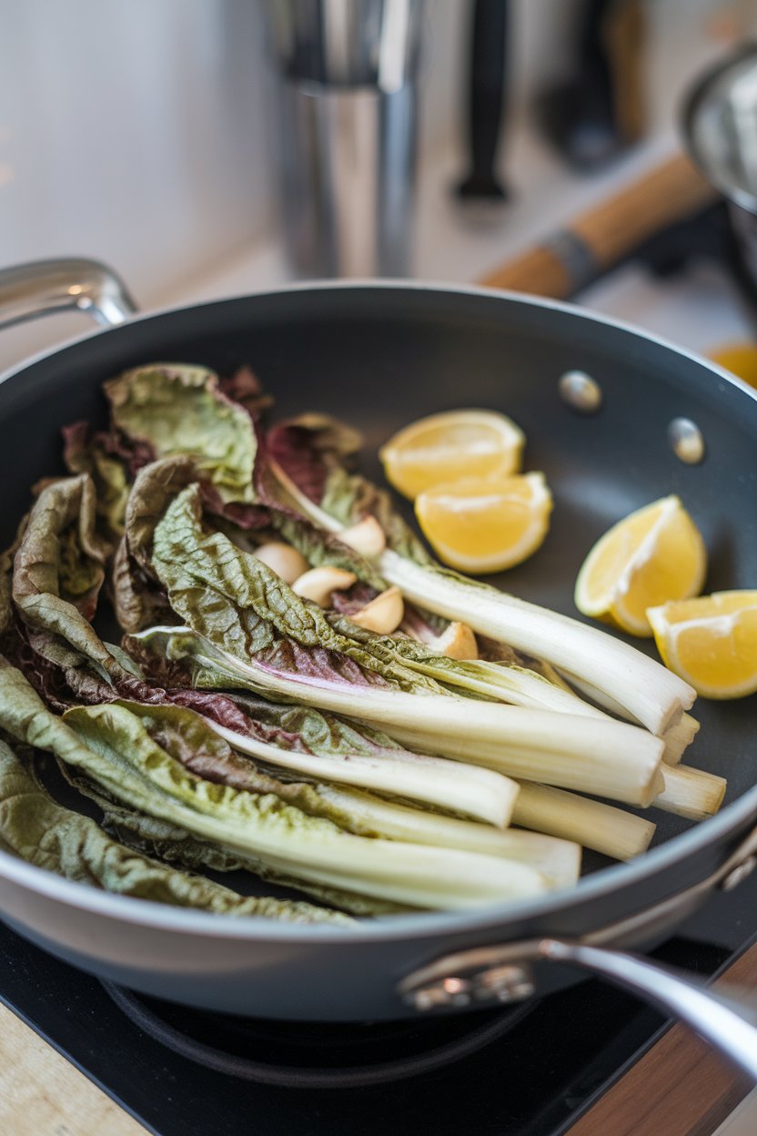 Indoor sauté pan containing wilted escarole leaves, garlic slices, and lemon wedges. No text or logos.