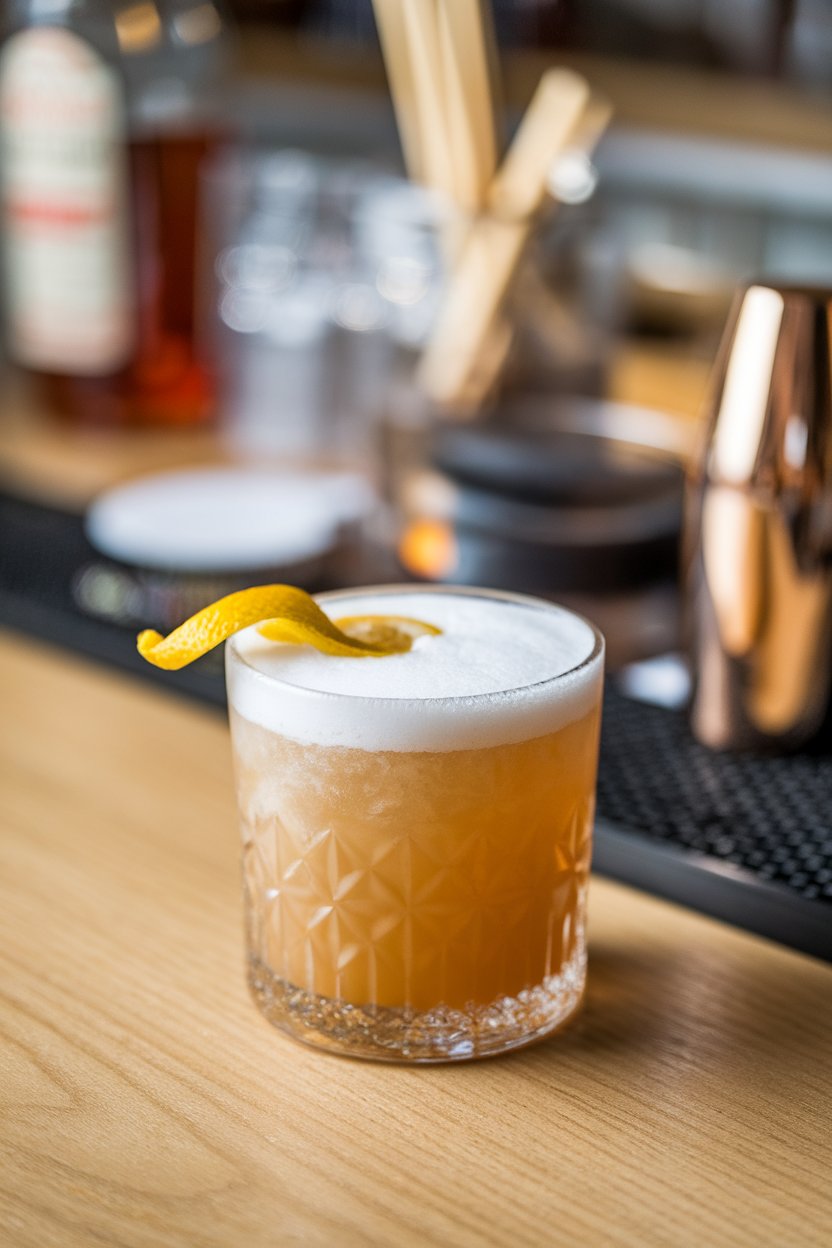 Indoor bar with a rocks glass of frothy amaretto sour, lemon twist resting on foam. No text or logos.