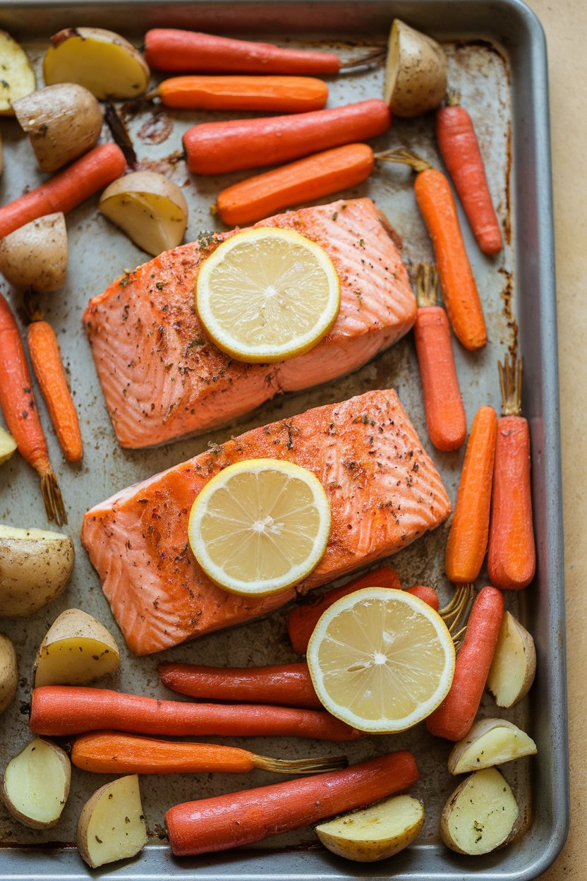 Indoor photo of a sheet pan with cooked salmon fillets surrounded by roasted carrots and potatoes; lemon slices on top, no text or logos