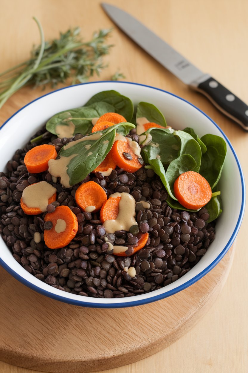 Indoor serving bowl with black beluga lentils, roasted carrot coins, baby spinach, and a mustard vinaigrette. No visible text or logos.