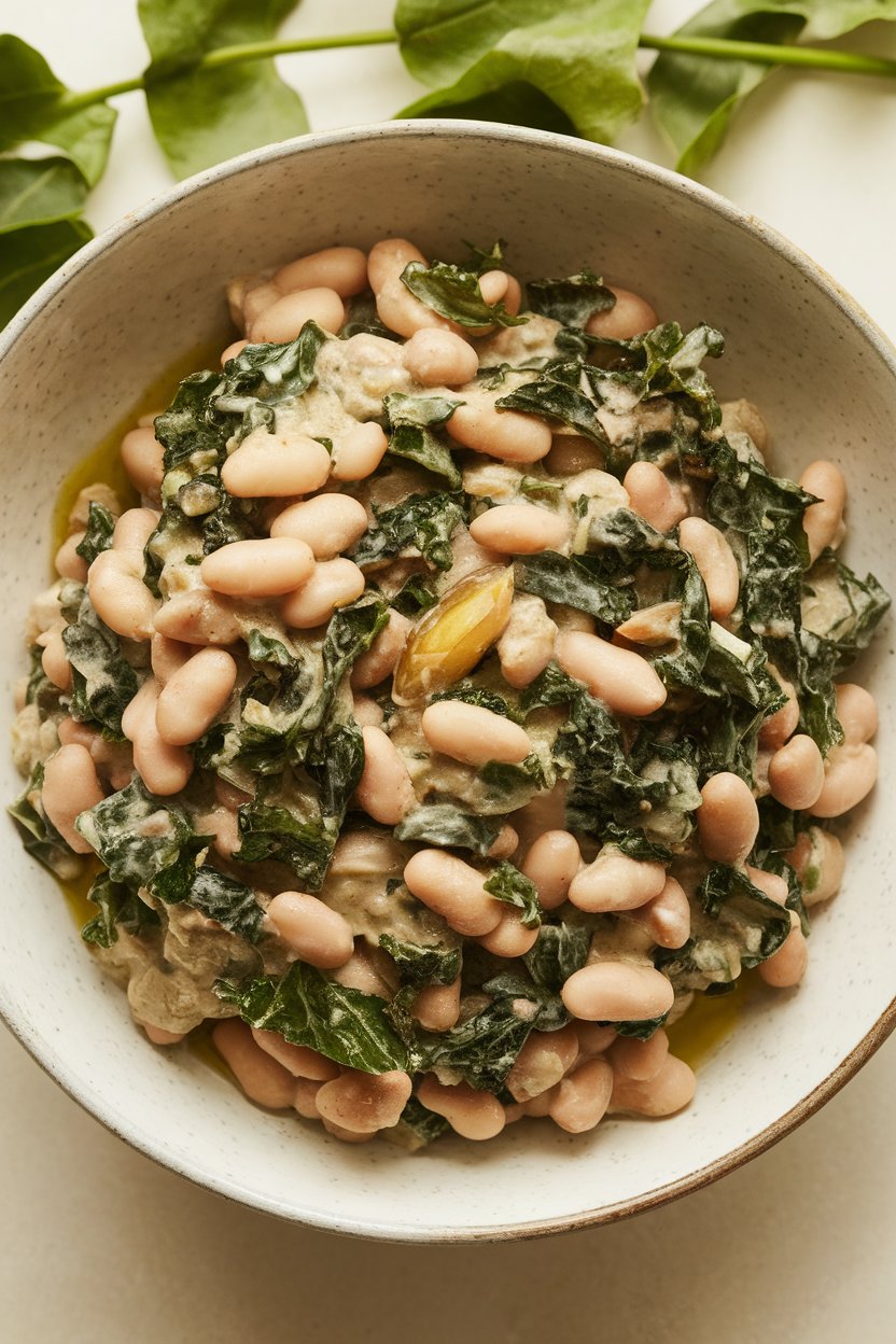 Indoor food photo of creamy white bean and kale ragout in a serving bowl, drizzle of olive oil; no text or logos.